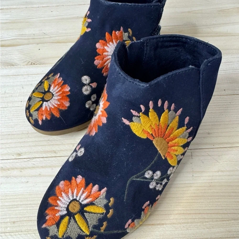 Zara Girls Embroidered Floral Ankle Boots Navy Size 25 Boho Western Cottagecore